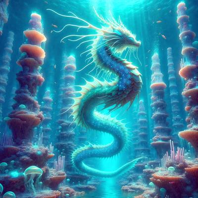 The primary subject of the image is a large, colorful sea serpent or dragon-like creature, which is the main focus of the scene. The setting is underwater, with the serpent swimming through a coral reef, surrounded by various sea creatures. The visual style of the image is digital art, as it appears to be a computer-generated or digitally illustrated scene. The dominant colors in the image are blue and green, creating a vibrant and lively atmosphere.